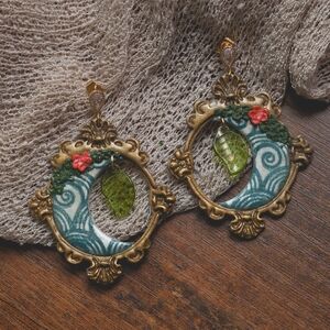 Framed Moon, Gold and Green Leaf Earrings with Waves